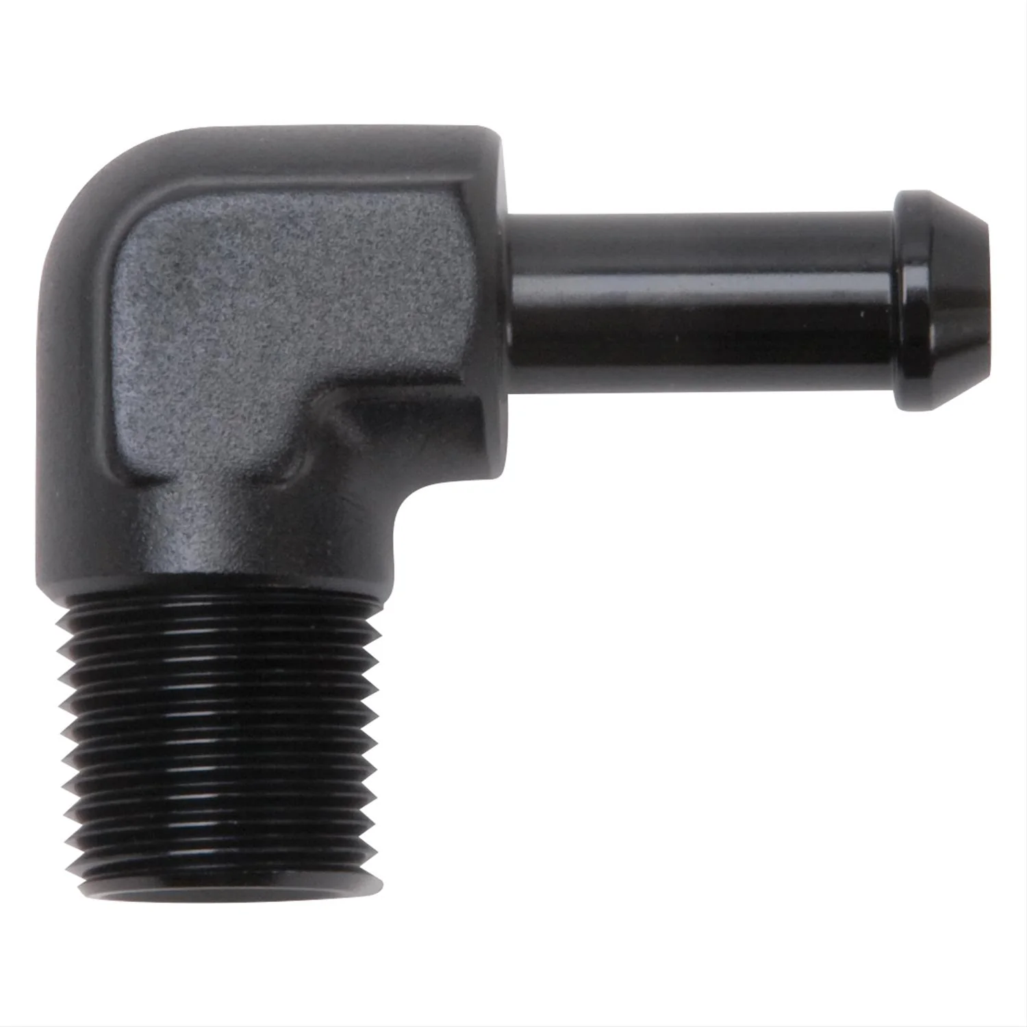 Edelbrock 8167 Heater Hose Connector Fitting, Hose Barb 3/8 in. x 3/8 in. NPT Male, 90 Degree, Black Anodized Aluminum