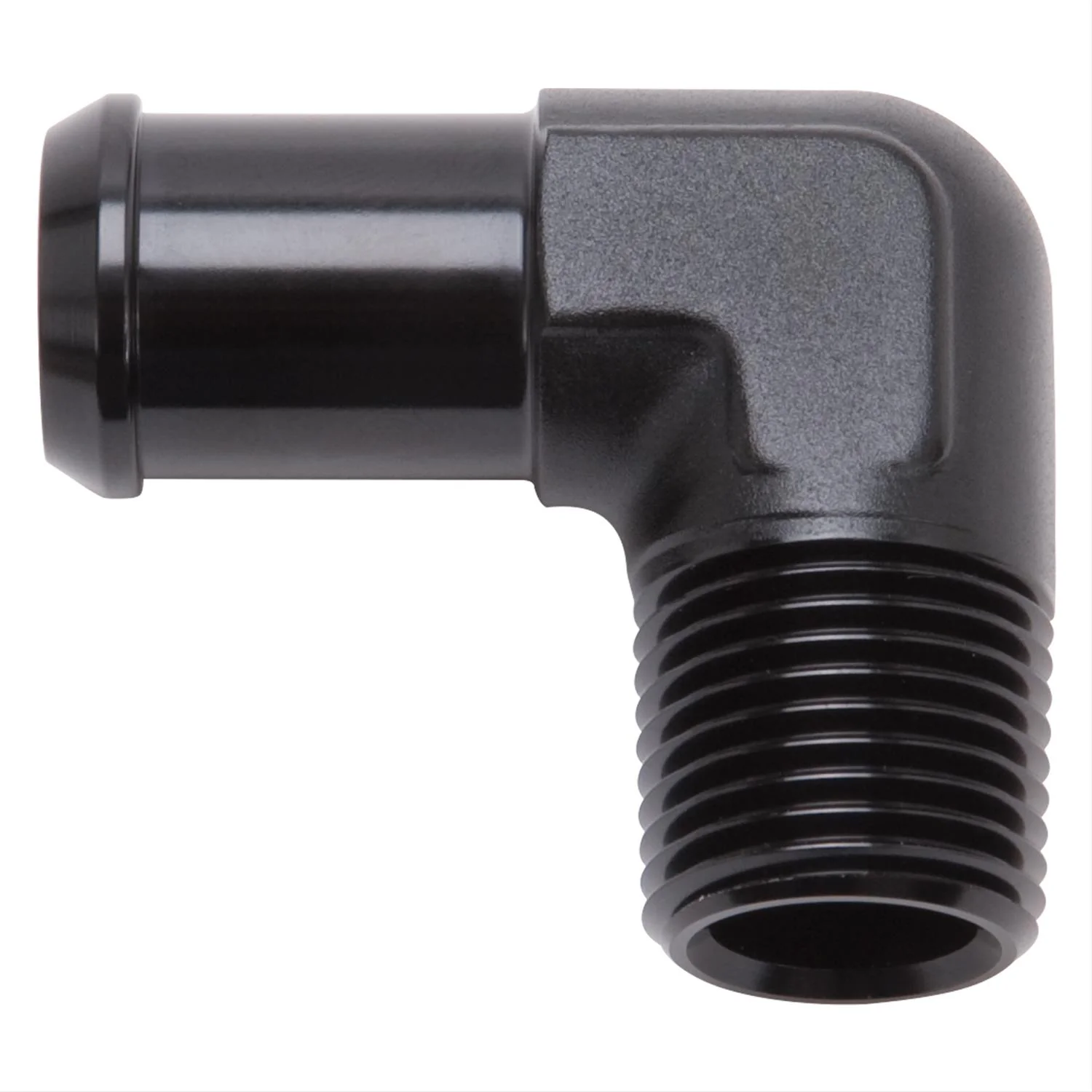 Edelbrock 8180 Heater Hose Connector Fitting, Hose Barb 1/2 in. x 1/2 in. NPT Male, 90 Degree, Black Anodized Aluminum